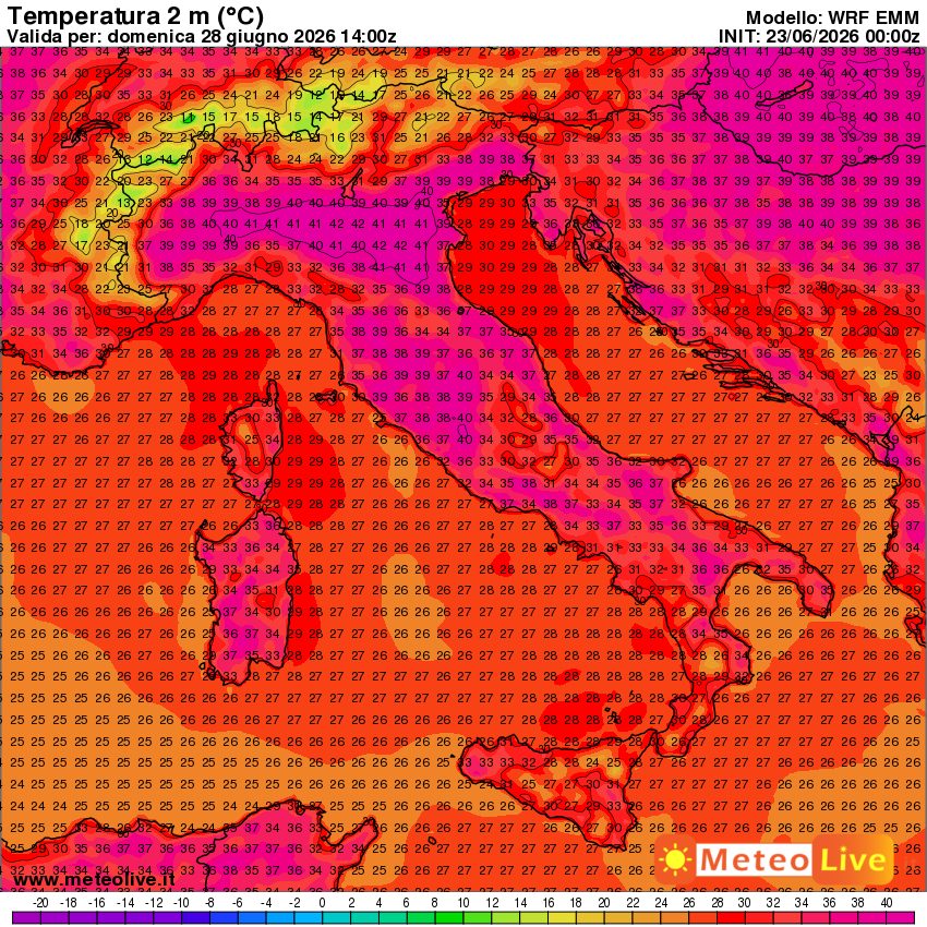 temperature attese in Italia alle ore 16 di domenica 28 giugno