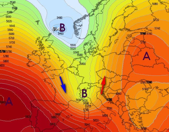 Saccatura prevista dal modello ECMWF per l'11-12 giugno con serio guasto sull'Italia. Da verificare. Base grafica Meteologix.