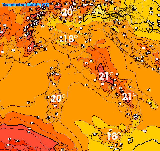 Ecco le temperature a 1500m previste per lunedì 15 giugno a 1500m secondo il modello ECMWF: