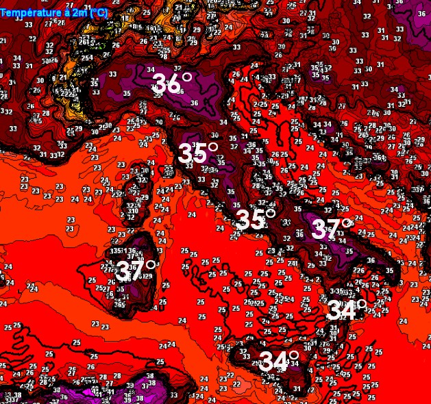 Il picco di caldo di gioved&igrave; 18 giugno secondo il modello ECMWF su base grafica Meteociel.