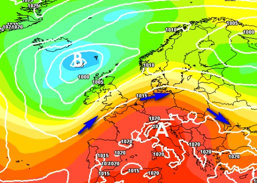 La rimonta dell'anticiclone secondo il modello ECMWF gioved&igrave; 18 giugno su base grafica Meteociel.