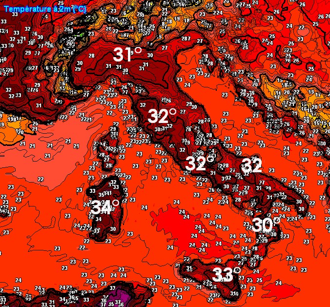 mappa termica al suolo che mette a fuoco la situazione di lunedì 15 nelle ore più calde secondo il modello ICON su base grafica Meteologix: