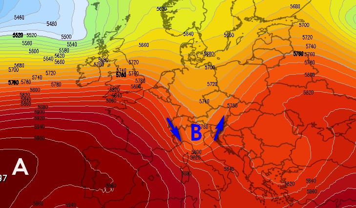 Il tentativo di sfondamento dell'aria fresca l'1-2 luglio secondo il modello ECMWF su base Meteologix.