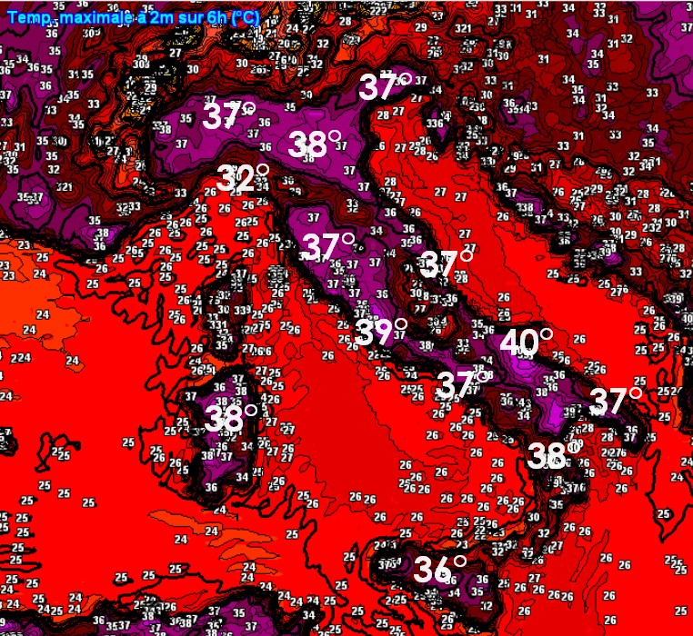 Le punte termiche di sabato 20 giugno, a dir poco preoccupanti, secondo il modello ECMWF.