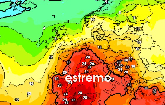 Mappa prevista per il 18 giugno a 1500m dal modello GFS su base grafica Meteociel