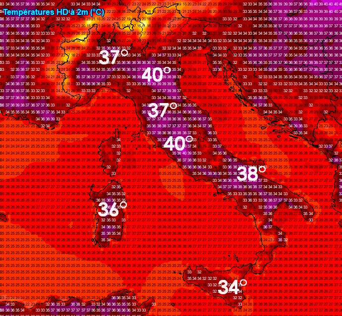 Una mappa termica prevista per domenica 28 giugno secondo GFS su base grafica meteociel.