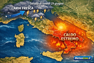 Ecco una mappa dell'Italia prevista per la serata del 29 giugno, primo momento temporalesco