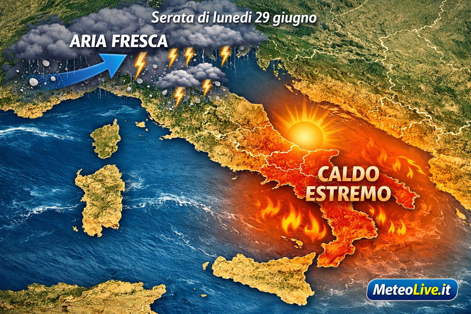 Ecco una mappa dell'Italia prevista per la serata del 29 giugno, primo momento temporalesco
