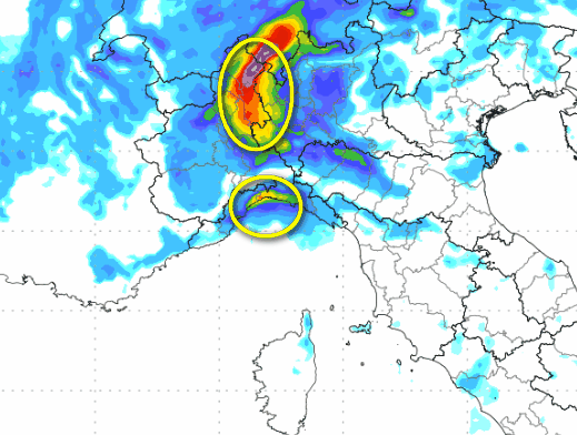 sommatoria delle precipitazioni attese in Italia tra le 2 e le 14 di martedi 2 giugno secondo il modello Moloch elaborato su base grafica Lamma