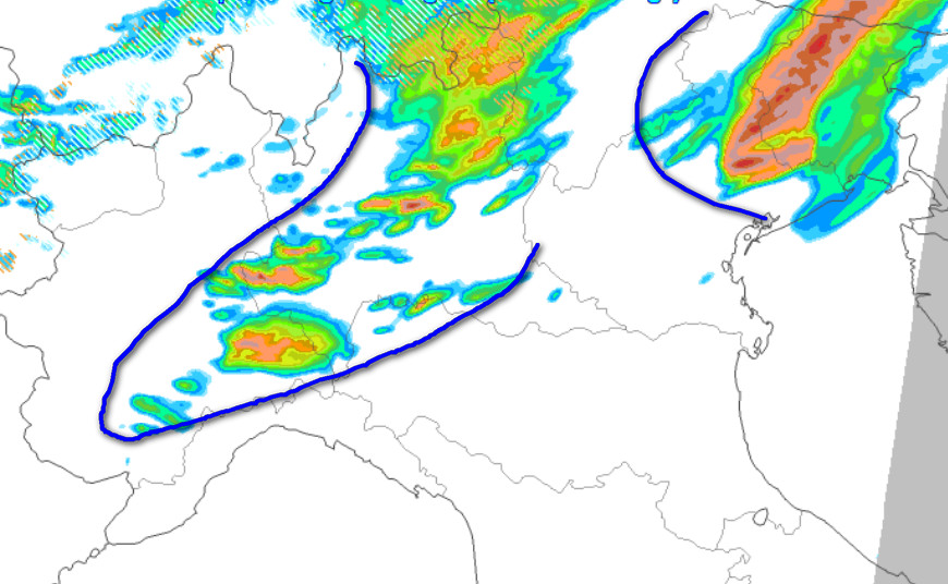 previsione del modello AROME incentrata per le ore 18 di questa sera