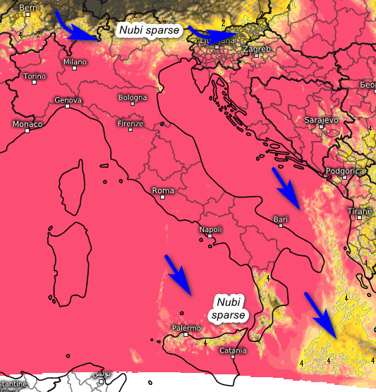soleggiamento totale cumulato previsto tra le 9 e le 16 di venerdi 12 giugno (rosa molto soleggiato, giallo nubi e schiarite, grigio scuro assenza di sole)