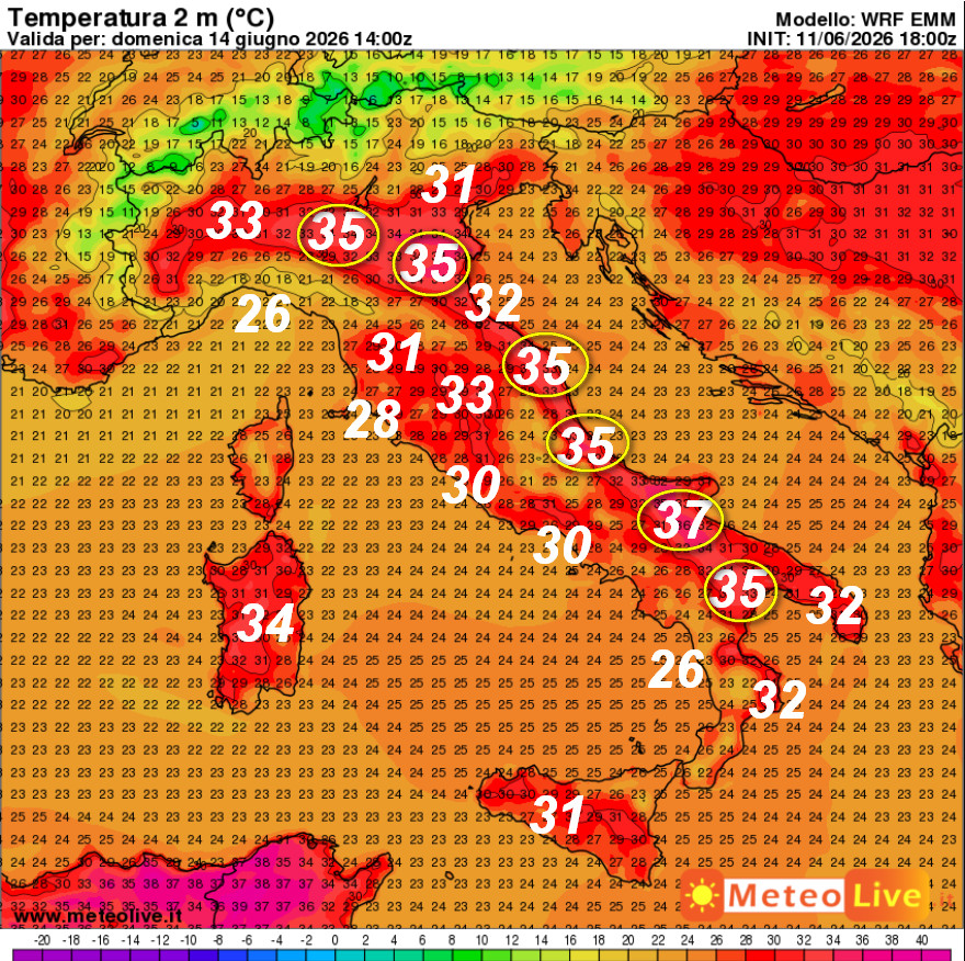 temperature attese in Italia alle ore 16 di domenica 14 giugno