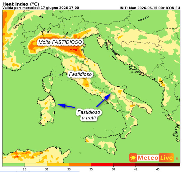 INDICE di DISAGIO da CALDO previsto in Italia alle ore 17 di mercoledi 17 giugno