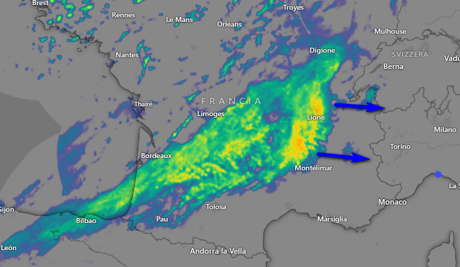 Immagini radar della nuova perturbazione che sta agendo sulla Francia. 