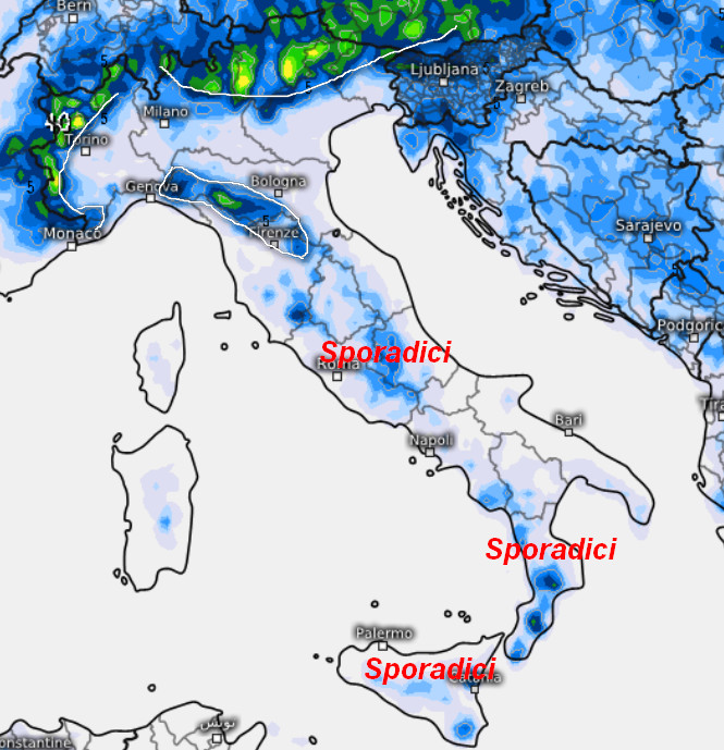 sommatoria dei temporali pomeridiani attesi in Italia fino a domenica 21 giugno secondo il modello ECMWF elaborato su base grafica Meteologix