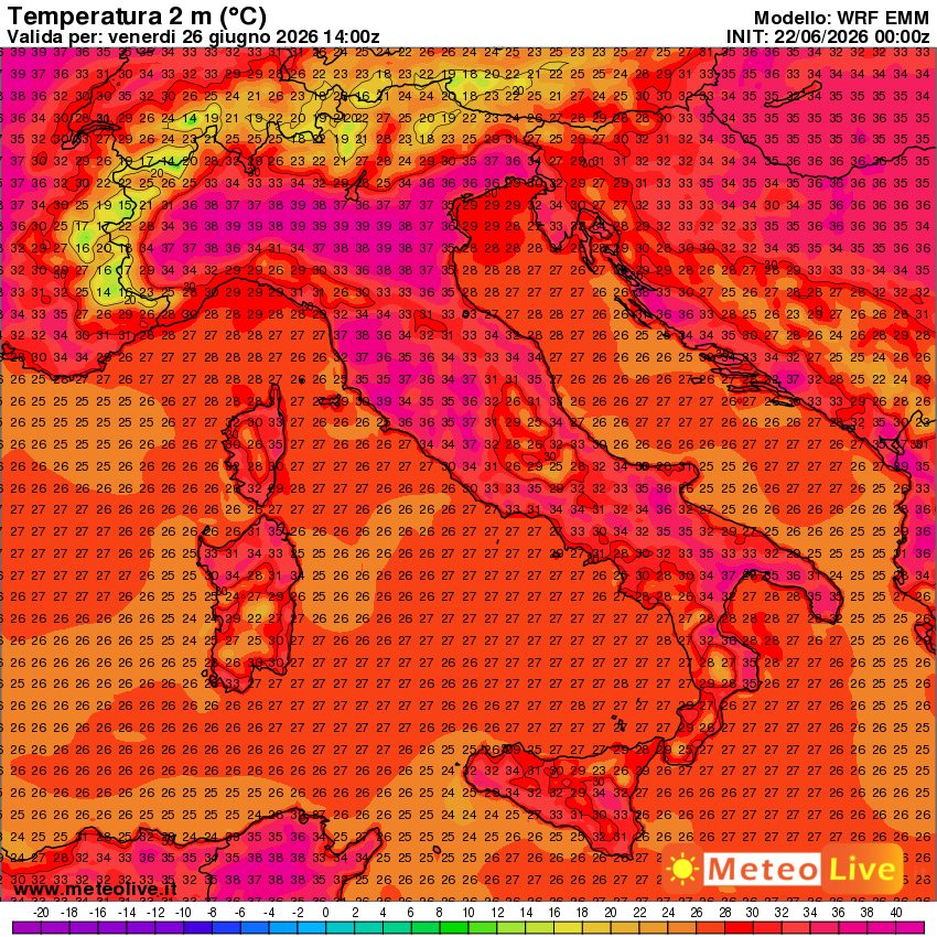 temperature previste in Italia alle ore 16 di venerdi prossimo (26 giugno