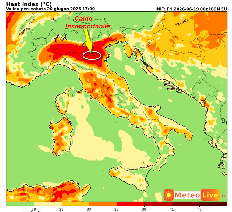 l'INDICE di DISAGIO da CALDO atteso in Italia alle ore 17 di sabato 20 giugno