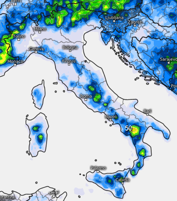 sommatoria delle piogge attese in Italia fino a giovedi 25 giugno