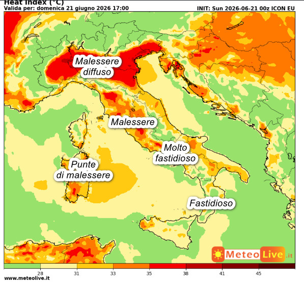 INDICE di DISAGIO da CALDO previsto in Italia alle ore 17 di domenica 21 giugno