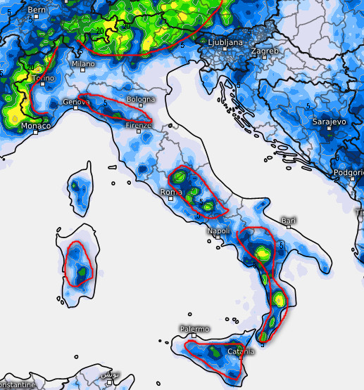 sommatoria delle precipitazioni attese sul nostro Paese fino a mercoledi 31 giugno secondo il modello ECMWF elaborato su base grafica Meteociel