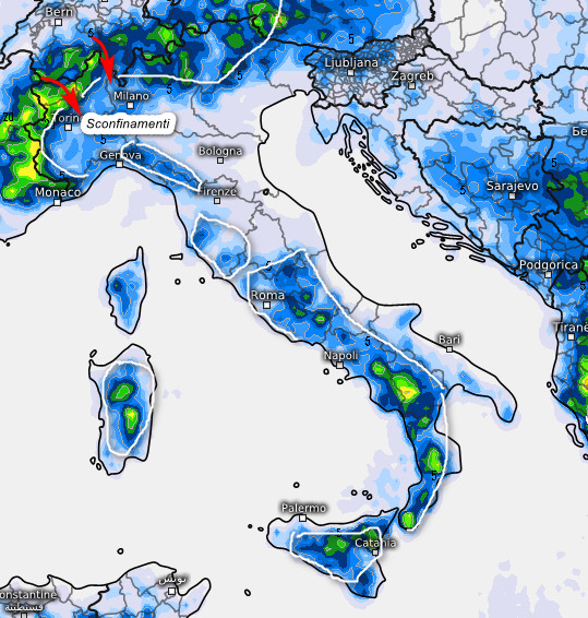 sommatoria delle precipitazioni attese in Italia fino a domenica 28 giugno secondo il modello ECMWF elaborato su base grafica Meteociel
