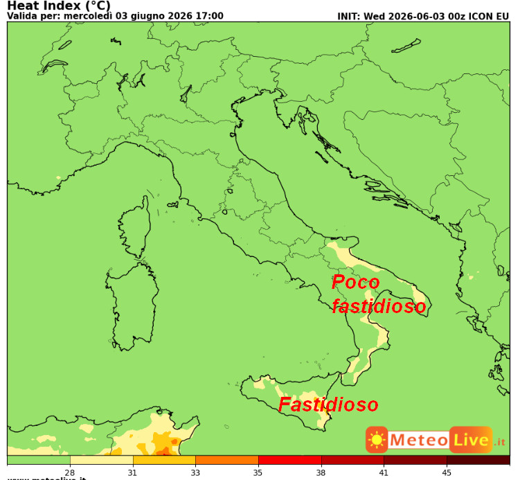 INDICE di DISAGIO da CALDO atteso in Italia alle ore 17 di mercoledi 3 giugno