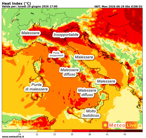INDICE di DISAGIO da CALDO atteso in Italia alle ore 17 di lunedi 29 giugno