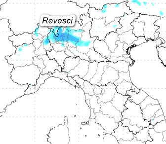 sommatoria degli eventuali fenomeni attesi in Italia fino alle ore 14 di lunedi 8 giugno secondo il modello Moloch elaborato su base grafica Lamma