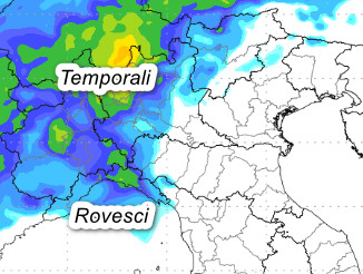 sommatoria delle piogge attese al settentrione tra il pomeriggio, la sera e la prima parte della notte secondo il modello Moloch elaborato su base grafica Lamma