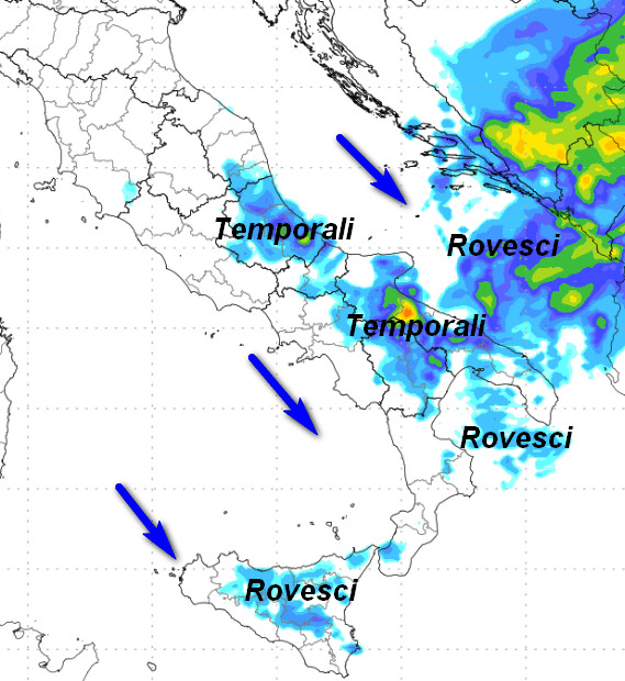 sommatoria delle precipitazioni attese in Italia tra le 14 di giovedi 11 e le 2 su venerdi 12 giugno sempre secondo il modello Moloch elaborato su base grafica Meteociel