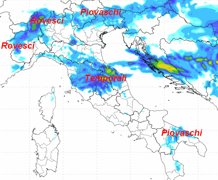 sommatoria delle piogge attese in Italia tra il pomeriggio, la sera e la prima parte della notte su marted&igrave; 2 giugno sempre secondo il modello Moloch elaborato su base grafica Lamma
