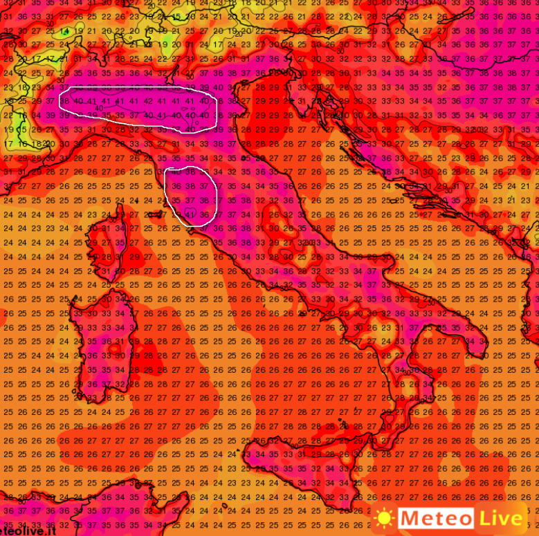 Temperature massime attese in Italia alle ore 17 di lunedi 22 giugno.