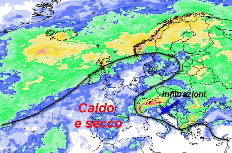 probabilità di pioggia in Europa valida per giovedì 25 giugno secondo la media degli scenari del modello GFS elaborato sui base grafica Meteociel