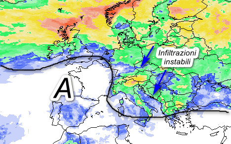 mappa della probabilit&agrave; di pioggia a scala europea valida per venerdi 3 luglio 
