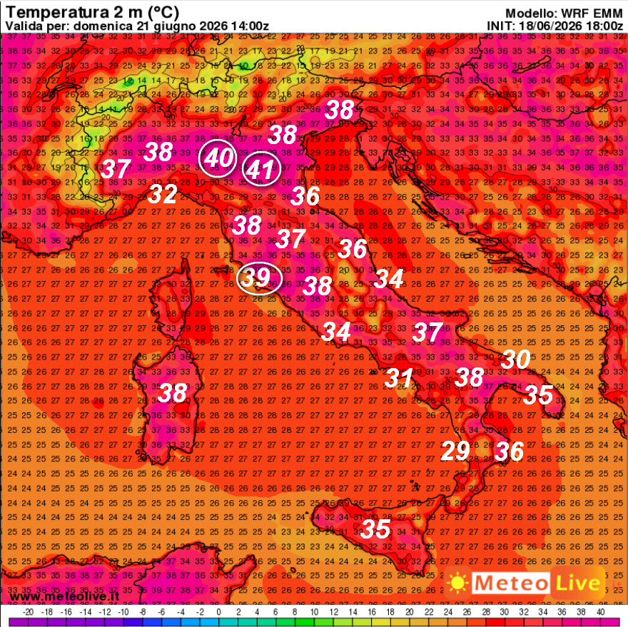 temperature attese in Italia alle ore 16 di domenica 21 giugno