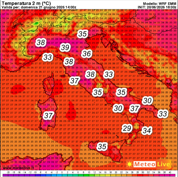 temperature attese in Italia alle ore 16 di domenica 21 giugno, primo giorno dell'estate astronomica
