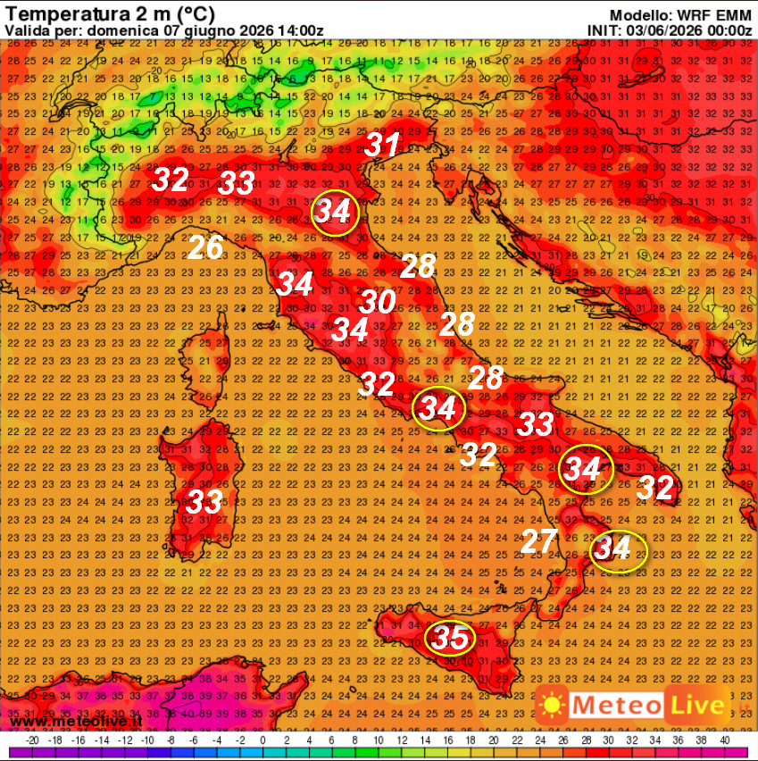 temperature attese al suolo alle ore 16 di domenica 7 giugno