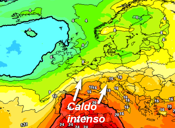 valori termici attesi a 1500 metri in Europa nelle ore centrali di domenica 7 giugno secondo il modello GFS elaborato su base grafica Meteociel