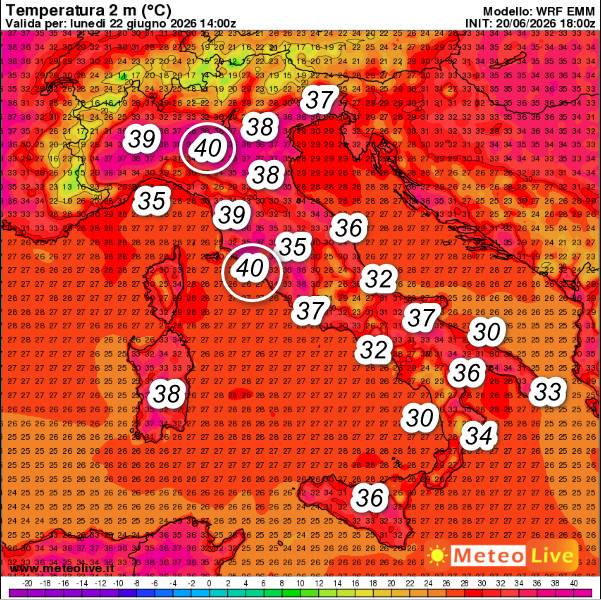 temperature attese in Italia alle ore 16 di lunedi 22 giugno