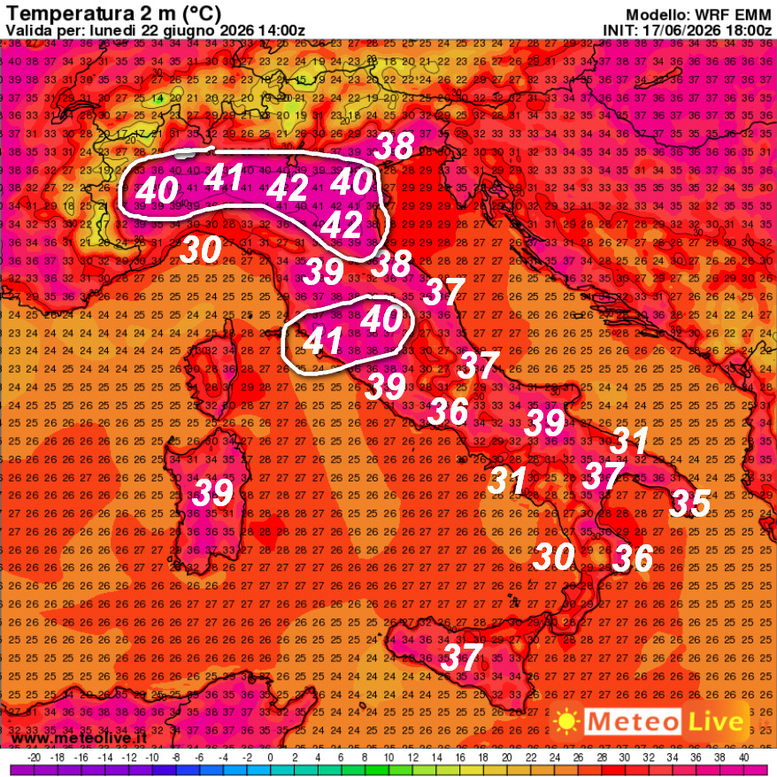 temperature attese in Italia alle ore 16 di lunedi 22 giugno