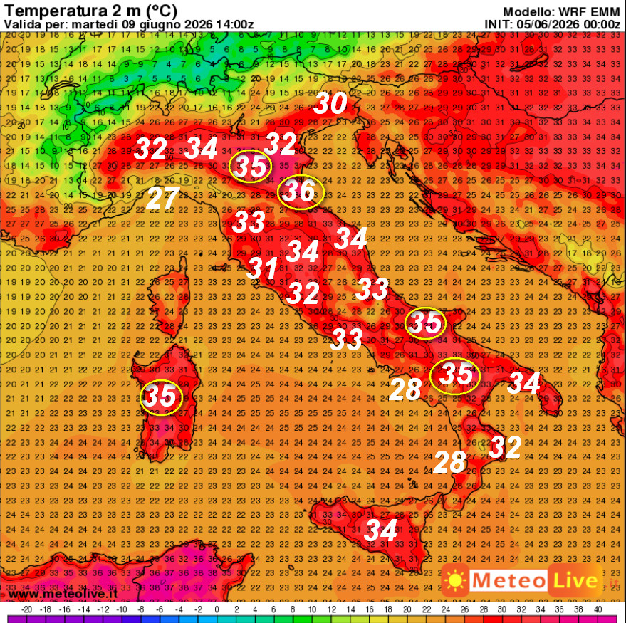 temperature attese in Italia alle ore 16 di marted&igrave; 9 giugno