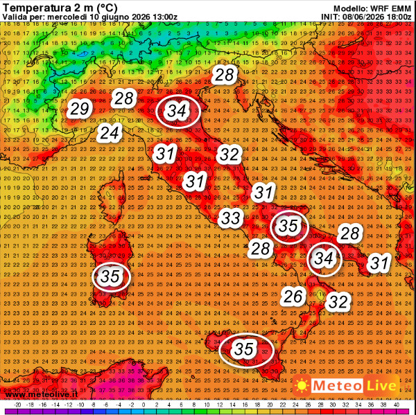 temperature al suolo attese in Italia alle ore 15 di mercoledi 10 giugno