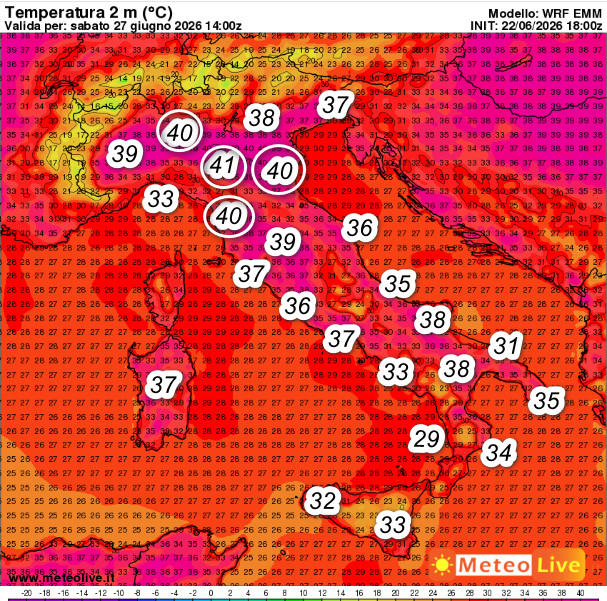 temperature attese sul nostro Paese alle ore 16 di sabato 27 giugno