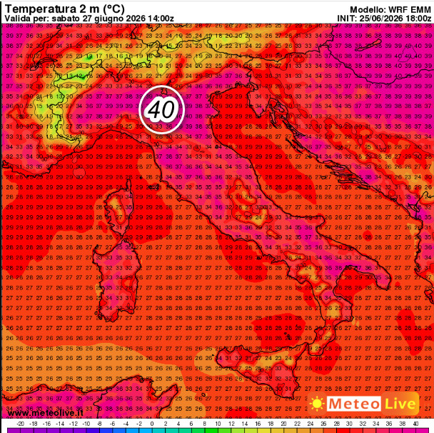 temperature attese in Italia alle ore 16 di sabato 27 giugno