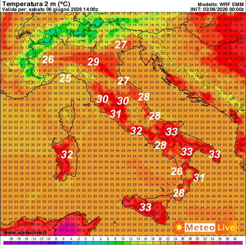  temperature al suolo attese in Italia alle ore 16 di sabato 6 giugno