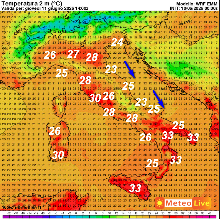 temperature attese sulla nostra Penisola alle ore 16 di giovedi 11 giugno