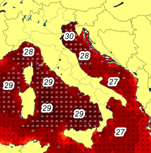 temperature del mare registrate nelle ore centrali di lunedi 29 giugno