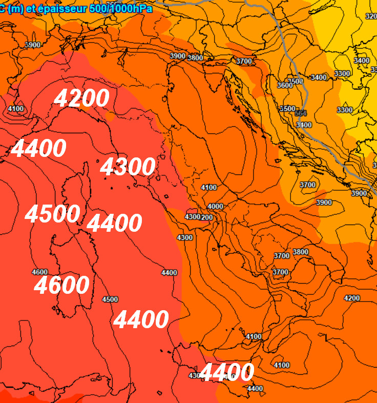 l'altezza dello ZERO TERMICO attesa sulla verticale italica alle ore 17 di sabato 13 giugno