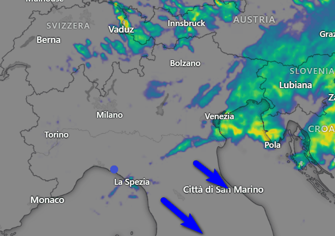 Riflettività del radar delle ore 7.30 al nord