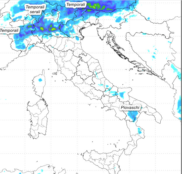 sommatoria delle precipitazioni attese in Italia tra le 14 di martedi 9 e le 2 su mercoledi 10 giugno sempre secondo il modello Moloch elaborato su base grafica Lamma